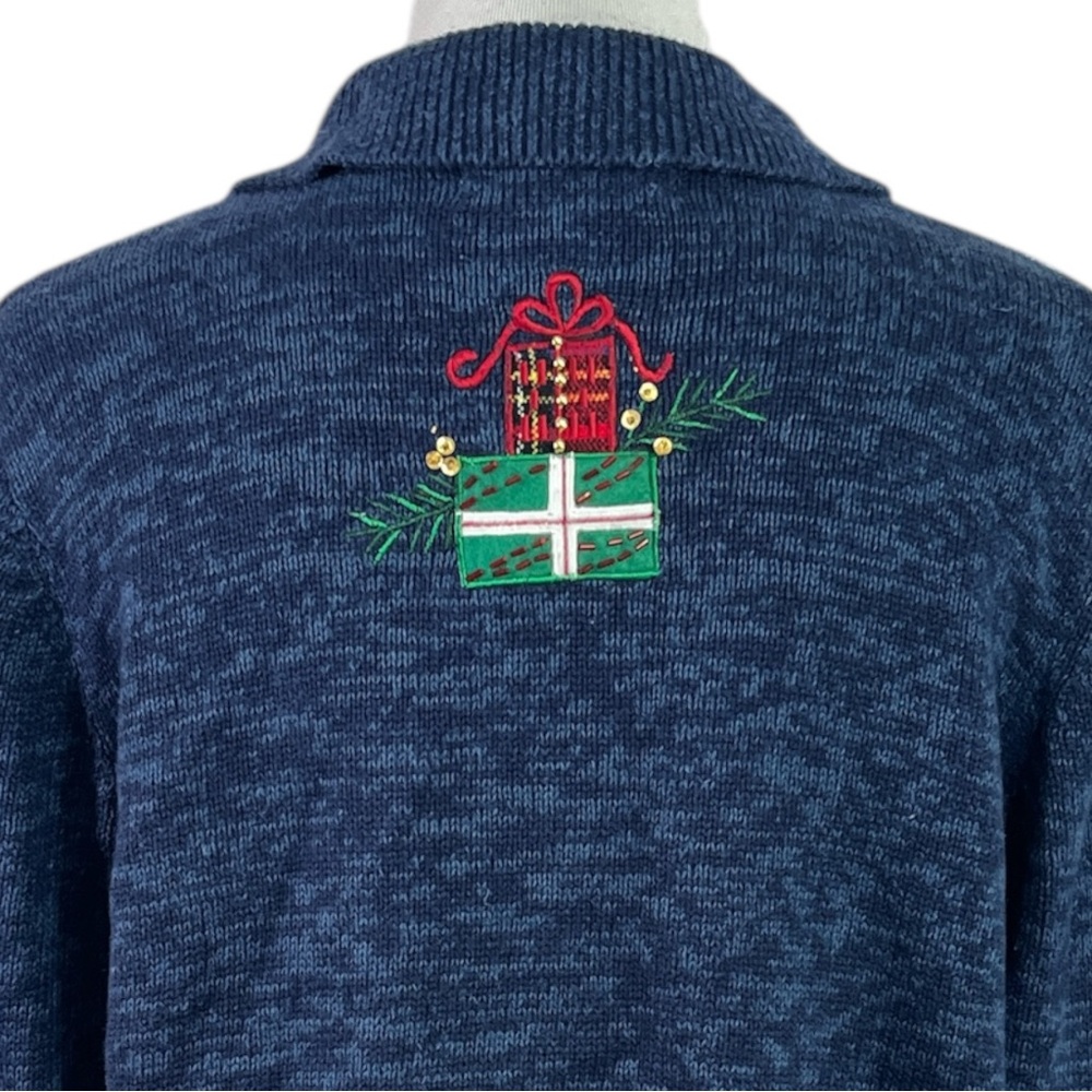Vtg Christmas Cardigan Sweater M Blue Knit Zip Up Holiday Elbow Patch Cardinal - Picture 5 of 8